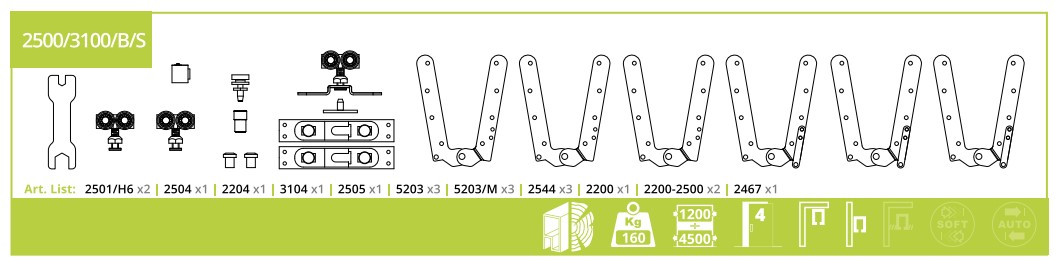 Комплект для складаної системи VILLES 2500/3100/B/S для дверей 120 кг 4 стулки (Італія)