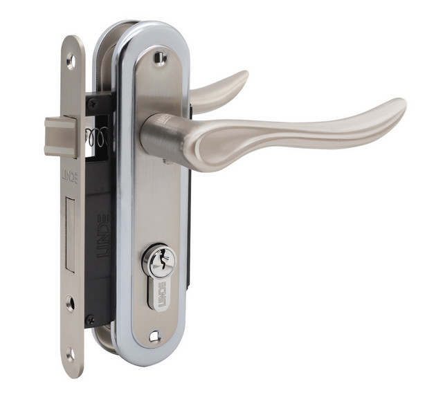 Комплект (ручка на планці Linde A-1295 PZ SN/CP + механізм + циліндр) матовий нікель/хром (Китай)