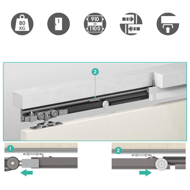 Розсувна система Omge ALUTECH 1499 з 2-ма одност. демпферами 910-1100 мм, до 80 кг (Італія)