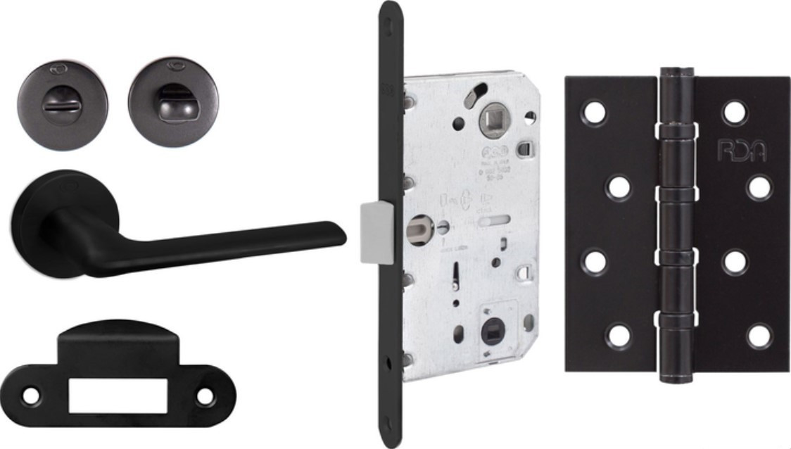 Комплект із чорної ручки Convex 1485 і фіксатора, замок AGB Mediana Evolution+ відповідна планка, петля RDA