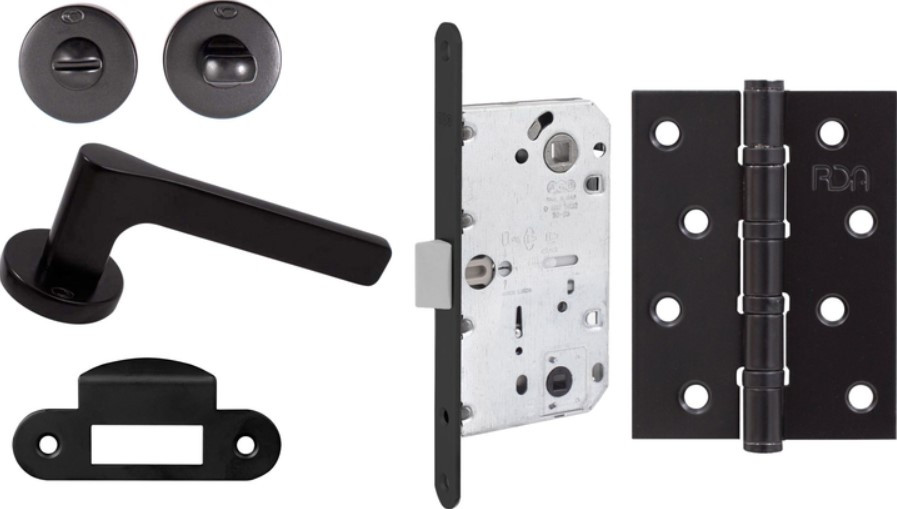 Комплект із чорної ручки Convex 1515 і фіксатора, замок AGB Mediana Evolution+ відповідна планка, петля RDA