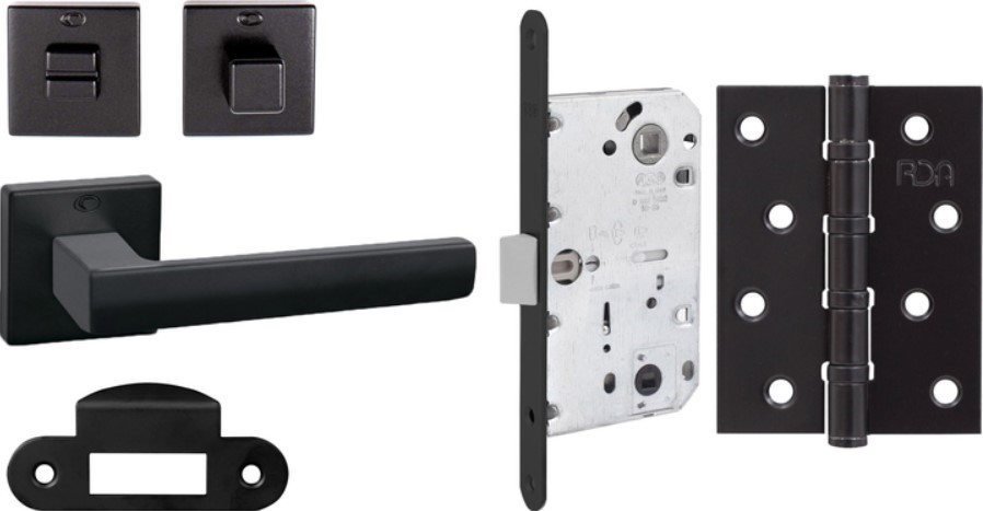 Комплект із чорної ручки Convex 1605 і фіксатора, замок AGB Mediana Evolution+ відповідна планка, петля RDA