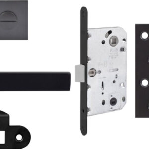 Комплект із чорної ручки Comit Kubic A і фіксатора, замок AGB Mediana Evolution+ відповідна планка, петля RDA