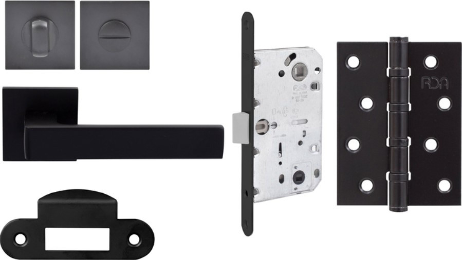 Комплект із чорної ручки Comit Kubic A і фіксатора, замок AGB Mediana Evolution+ відповідна планка, петля RDA